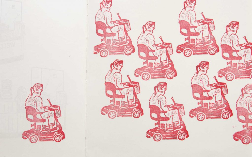 S.Horsley block print drawings - scooters