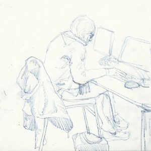 S.Horsley drawing -blue woman at computer