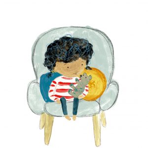 girl in chair holding teddy illustration by Sandy Horsley