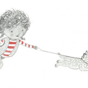 girl running with dog illustration by Sandy Horsley