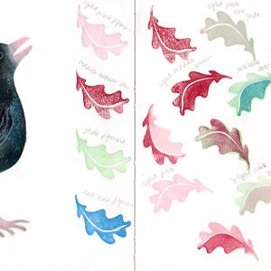 blackbirds and oak leaves sketchbook page illustration by Sandy Horsley