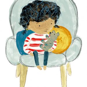 girl in chair with teddy illustration by Sandy Horsley