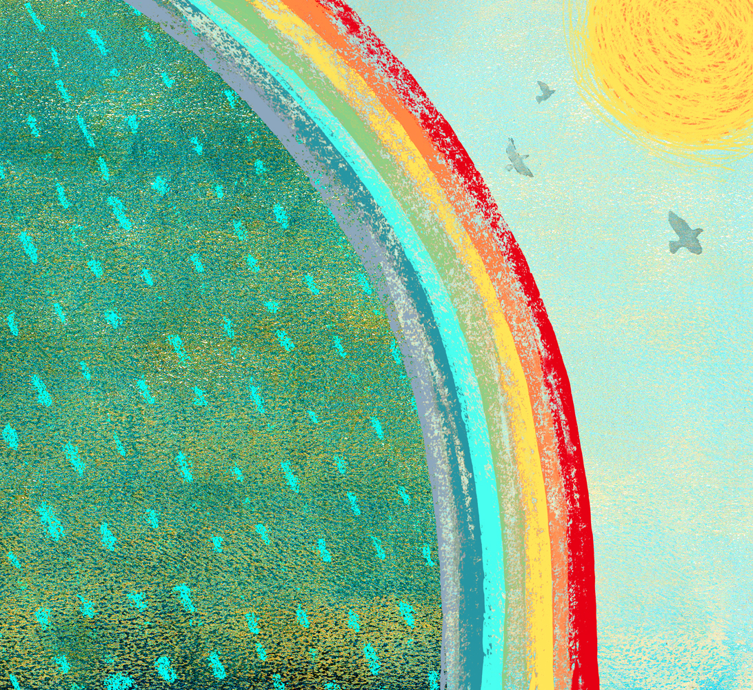 rainbow, rain, sun and birds illustration by Sandy Horsley