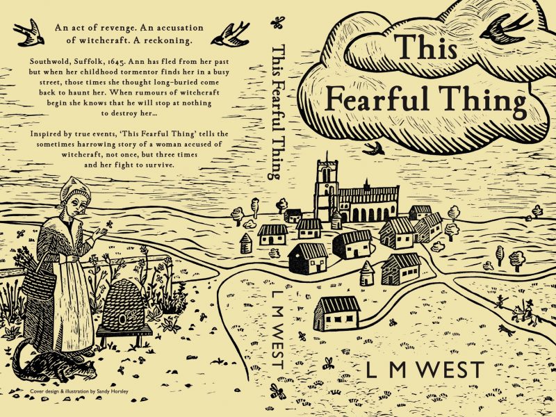 Full wraparound book cover illustration by Sandy Horsley for novel 'This Fearful Thing' by L M west