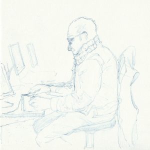 S.Horsley drawing - blue man at computer
